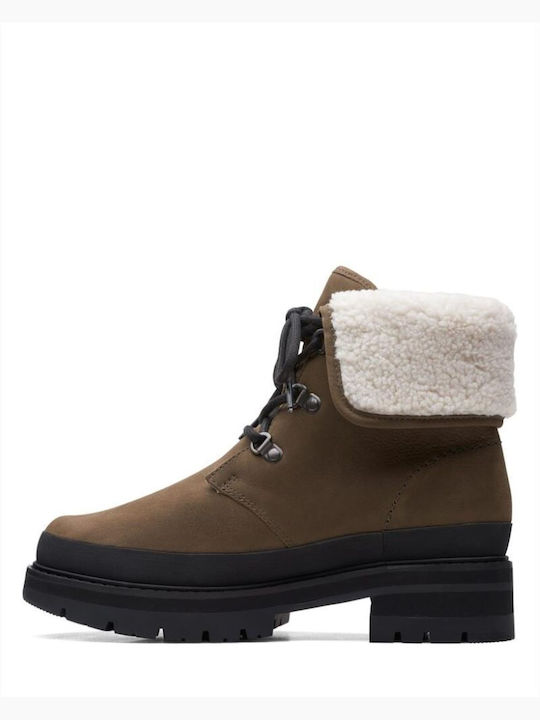 Clarks Orianna Turn Leather Women's Ankle Boots with Fur Green