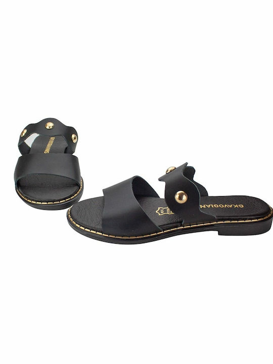 Gkavogiannis Sandals Leather Women's Flat Sandals Anatomic in Black Color