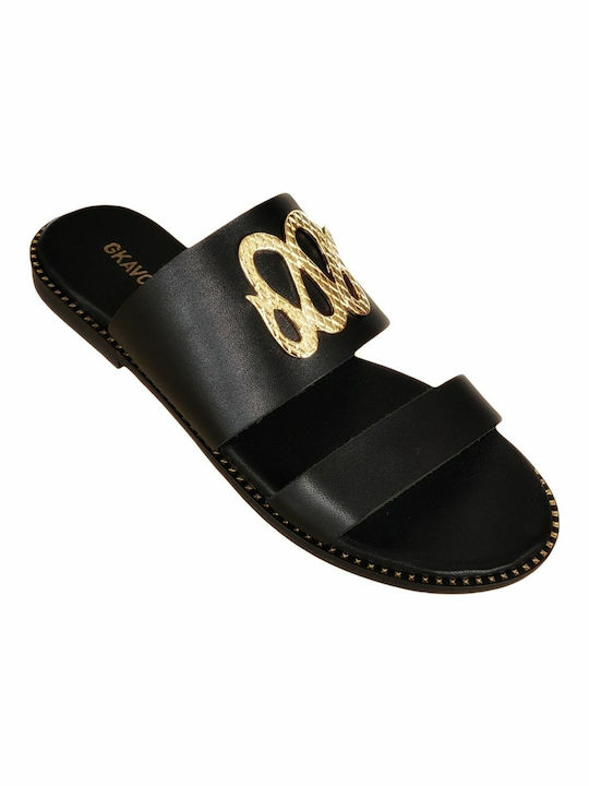 Gkavogiannis Sandals Leather Women's Flat Sandals Anatomic in Black Color