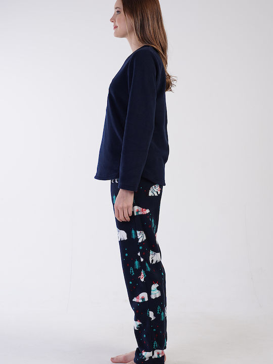 Vienetta Secret Winter Fleece Women's Pyjama Pants Navy Blue