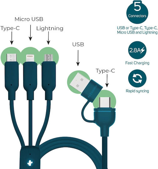 Legami Milano LED USB to Lightning / Type-C / micro USB Cable 2.8A Πολύχρωμο 1.2m (CCA0003)