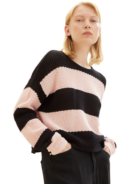 Tom Tailor Damen Langarm Pullover Gestreift Pink black striped (32458/ROSE BLACK COLORBLOCK STRIPE)