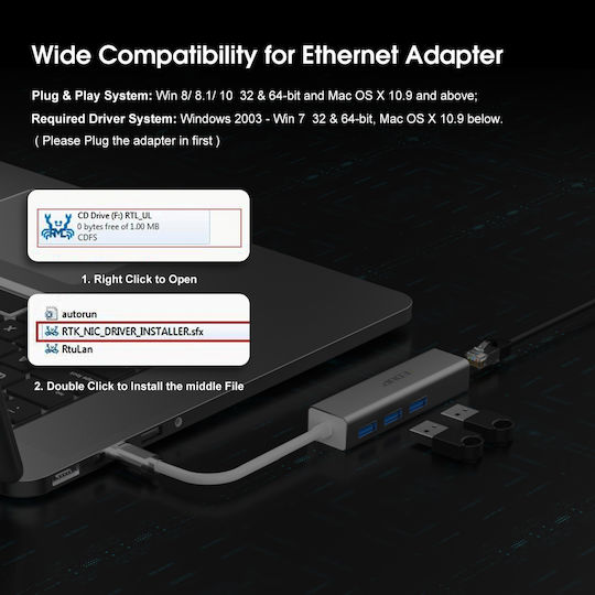 EDUP USB-Hub Mit 3 Anschlüssen USB 3.0 Mit USB-C Anschluss Ethernet Silber