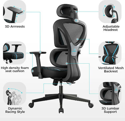 Eureka Ergonomic 22.01.0108 Καρέκλα Gaming Δερματίνης με Ρυθμιζόμενα Μπράτσα Μπλε