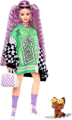 Barbie Crimped Lavender Hair and Pet Puppy, Checkered Jacket Puppe Extra für 3++ Jahre