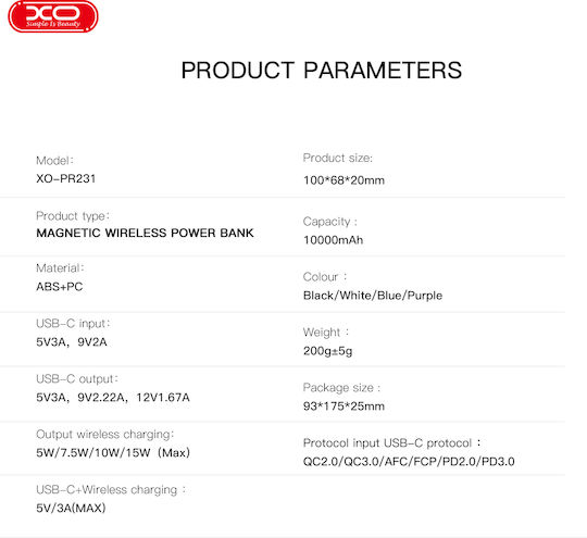 XO PR231 MagSafe Power Bank 10000mAh 15W με Θύρα USB-C Quick Charge 2.0 Μωβ
