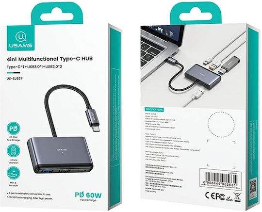 Usams USB Hub 4 Ports USB 2.0 with USB-C Connection Gray