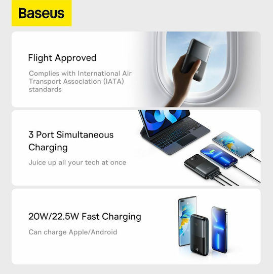 Baseus Bipow Pro Power Bank 20000mAh 22.5W с 2 USB-A порта и USB-C порт Power Delivery Черен