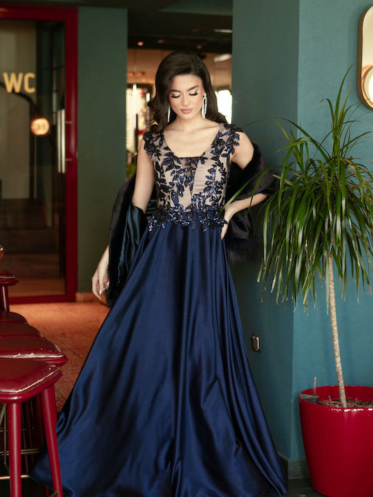 RichgirlBoudoir Maxi Βραδινό Φόρεμα Σατέν με Διαφάνεια Μπλε