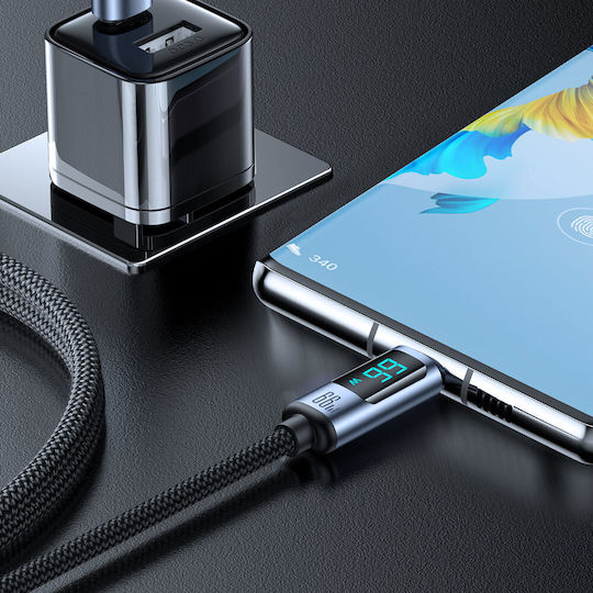 Joyroom S-AC066A16 Braided / LED USB 2.0 Cable USB-C Male - USB-A 66W PD Black 1.2m