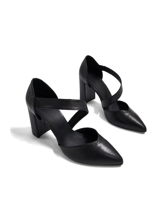 Synthetic Leather Black Heels with Strap