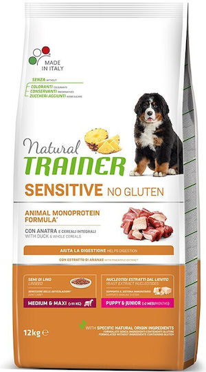 Natural Trainer Sensitive No Gluten Puppy Medium/Maxi 12kg Dry Food Gluten-Free for Small & Medium Breed Puppies with Duck