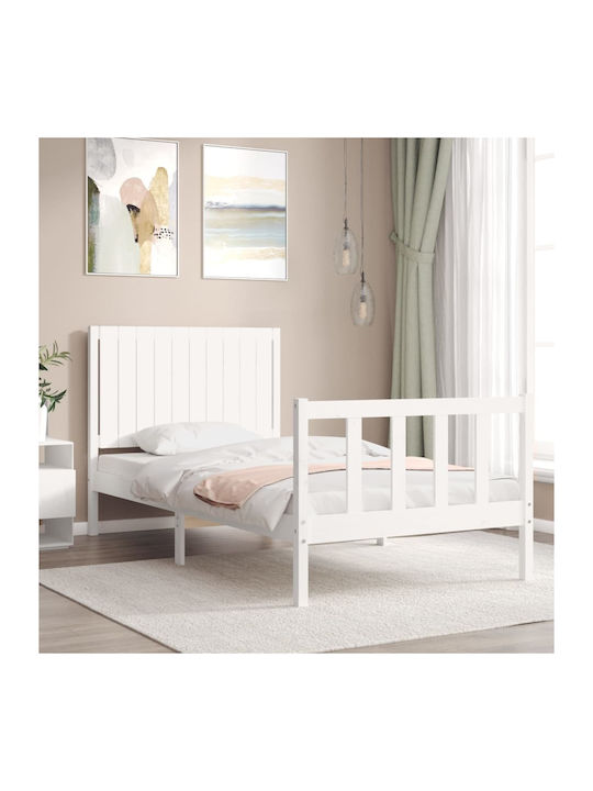 Κρεβάτι Μονό από Μασίφ Ξύλο Λευκό με Τάβλες για Στρώμα 100x200cm