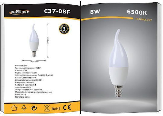 Universo Illuminazione Λάμπα LED 8W για Ντουί E14 Ψυχρό Λευκό 650lm