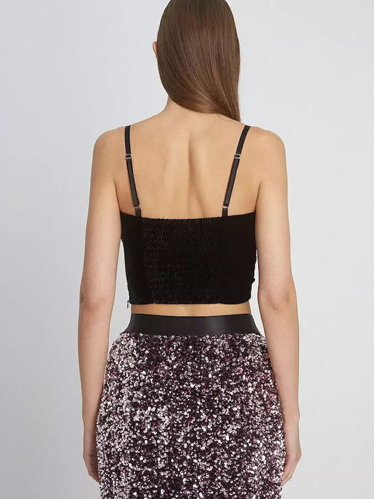 Top Crop din Catifea cu Bretele Negru
