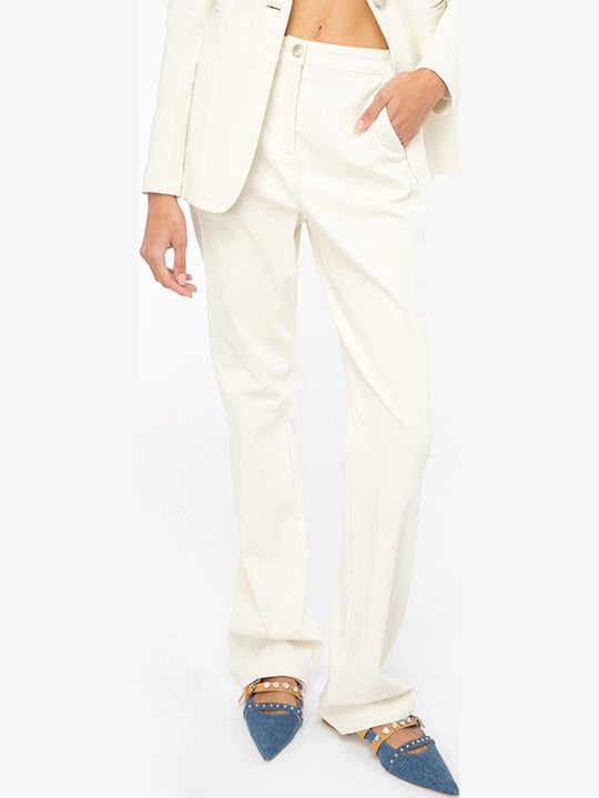 Petreo Women's High-waisted Fabric Trousers Flared Slim Fit Ecru