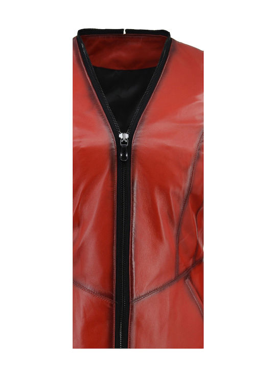 Women's Short Lifestyle Leather Jacket for Winter Red