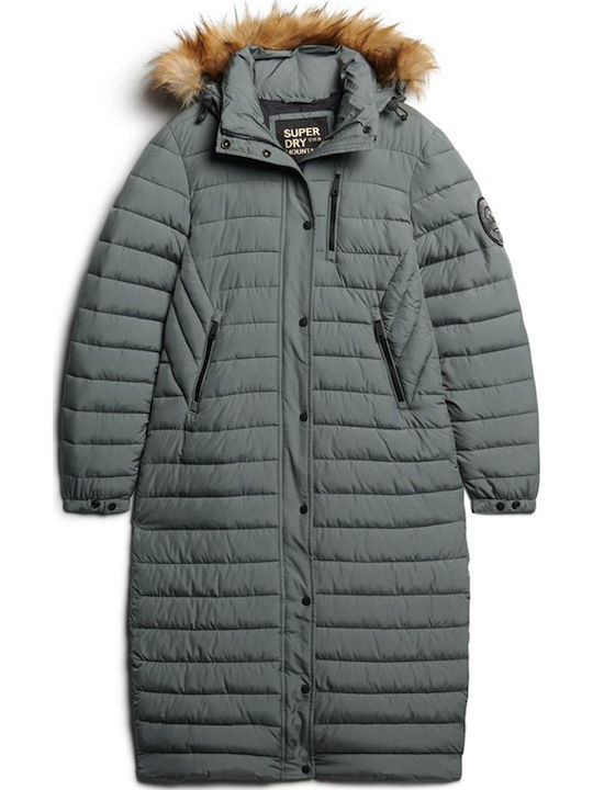 Fuji Μακρύ Γυναικείο Puffer Μπουφάν για Χειμώνα Balsam Green