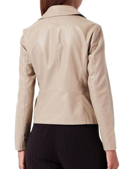 Only Women's Short Biker Artificial Leather Jacket for Winter Beige