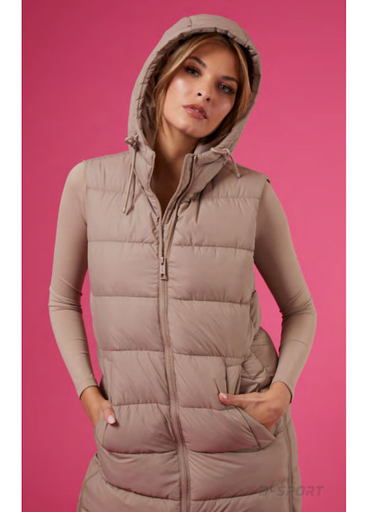 Guess Women's Long Puffer Jacket for Winter with Hood Beige