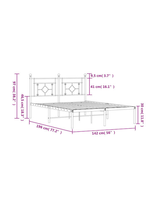 Double Metal Bed White with Slats for Mattress 135x190cm