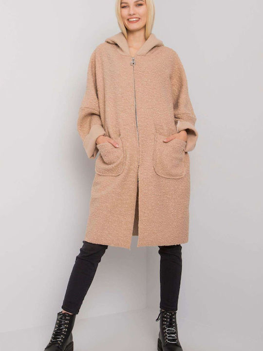 Och Bella Women's Midi Coat with Zipper and Hood Beige