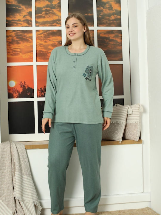 Lindros Winter Damen Pyjama-Set Baumwolle Mint