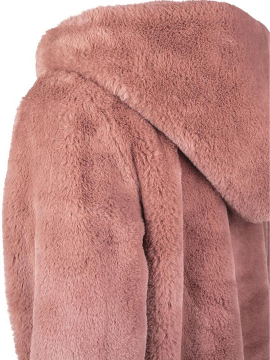 Γυναικείο Dark Rose Παλτό Teddy με κουκούλα