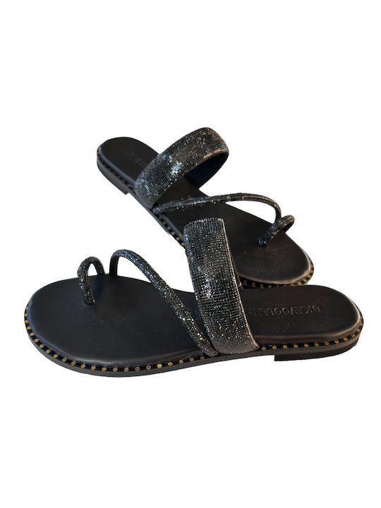 Gkavogiannis Sandals Leder Damen Flache Sandalen in Schwarz Farbe