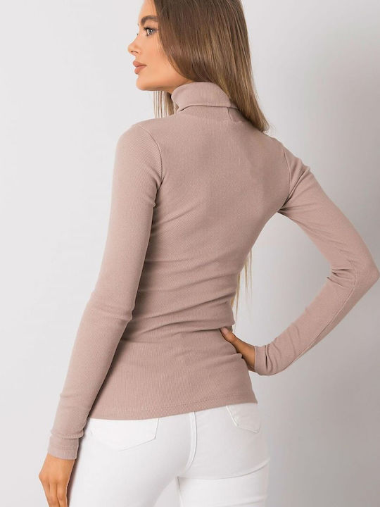 Rue Paris Damen Bluse Baumwolle Langärmelig Rollkragenpullover Beige