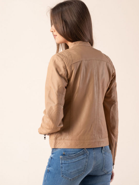 Women's Short Lifestyle Leather Jacket for Winter Beige
