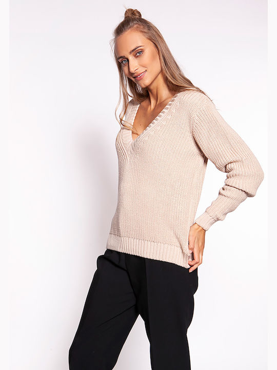 MKM Swetry Damen Langarm Pullover Baumwolle Beige