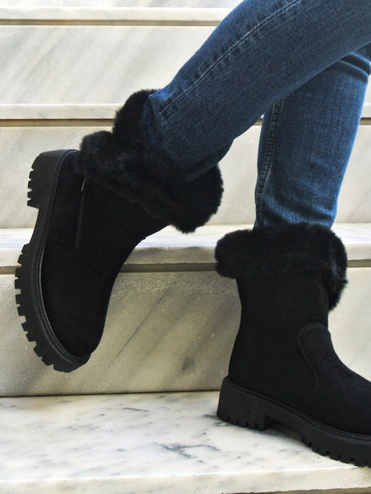 Wildleder Stiefeletten Damen mit Pelz Schwarz