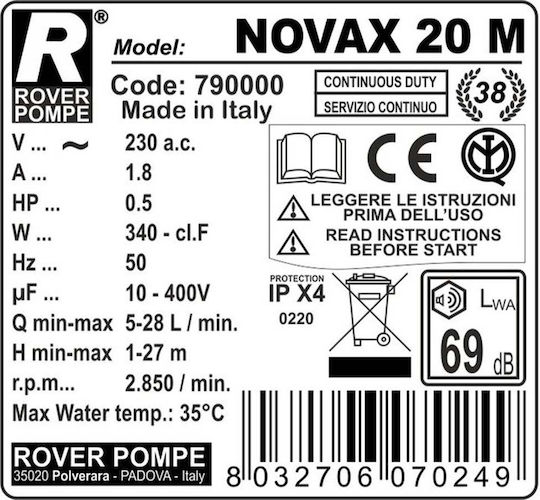 Rover Pompe NOVAX 20 M Μονοφασική Αντλία Μετάγγισης με Στόμιο 3/4" και Ιπποδύναμη 0.5hp