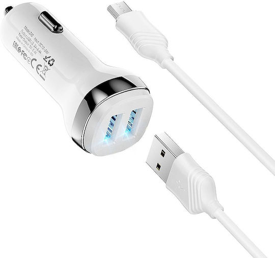 Hoco Z40 Φορτιστής Αυτοκινήτου 2.4A με Θύρες: 2xUSB Λευκό Χρώμα