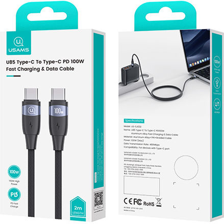 Usams Cablu Braided USB 2.0 USB-C Masculin - USB-C 100W PD Negru 2m SJ633USB01