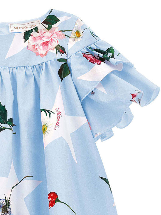 Monnalisa Mädchen Kleid Blumen Kurzärmelig Hellblau