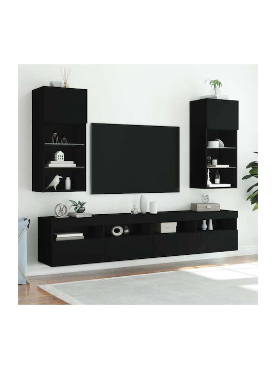 Wall Living Room Display Cabinet made of Particleboard with Glass & Lighting Black 40.5x30x90cm