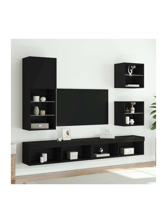 Wall Mounted Particle Board Living Room Display Cabinet with Glass & Lighting Black 40.5x30x102cm