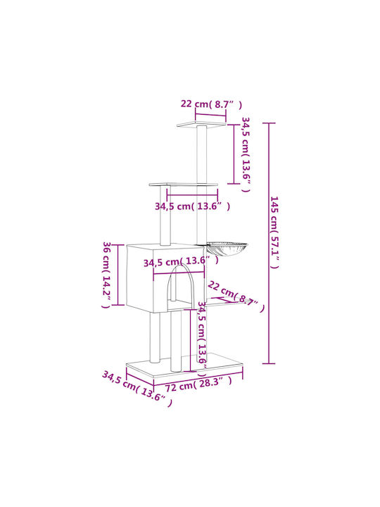 vidaXL Scratching Post Cat Trees Gray 5 levels 72x34.5x145cm
