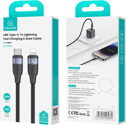 Usams Braided USB-C to Lightning Cable 30W Μαύρο 1.2m (US-SJ634)