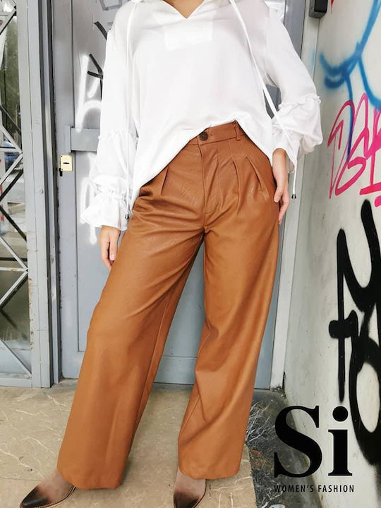 Si Bolleti Damen Leder Palazzo-Hose Camel