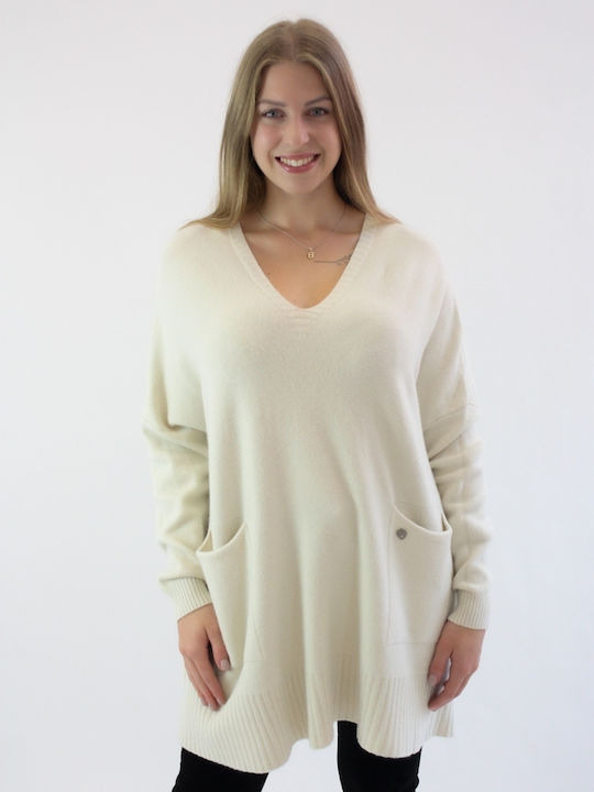 Brak Women's Long Sleeve Sweater with V Neckline Beige