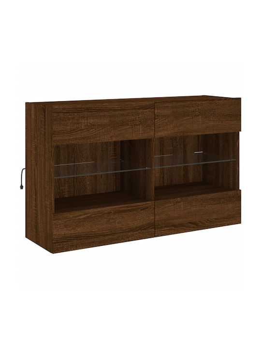 Wall Mounted Particle Board Living Room Display Cabinet with Glass & Lighting Brown Oak 98.5x30x60.5cm