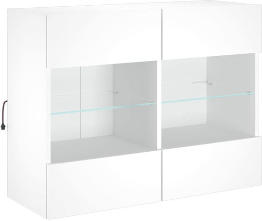 Hängevitrine fürs Wohnzimmer aus Spanplatte Weiß mit Glas & LED-Beleuchtung 78,5x30x60,5 cm