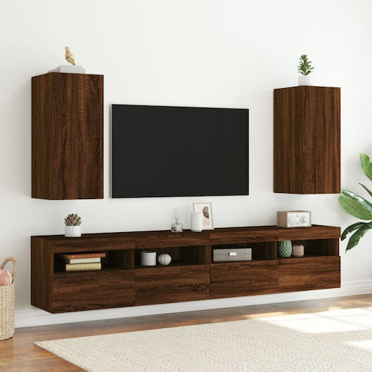 Wall Living Room Display Cabinet made of Particleboard with Glass & Lighting Brown Oak 30.5x35x70cm