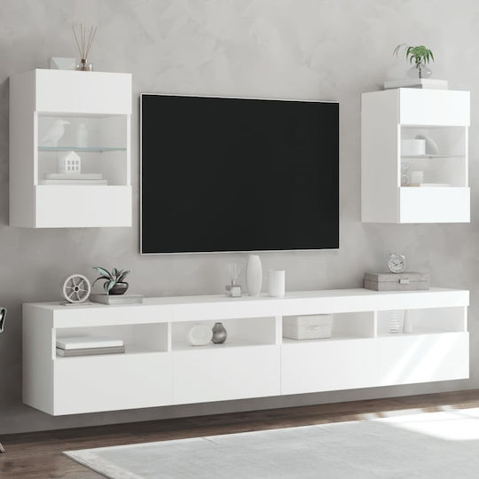 Vitrină Suspendată pentru Sufragerie din Placă Aglomerată Albă cu Geam și Iluminare LED 40x30x60,5 cm