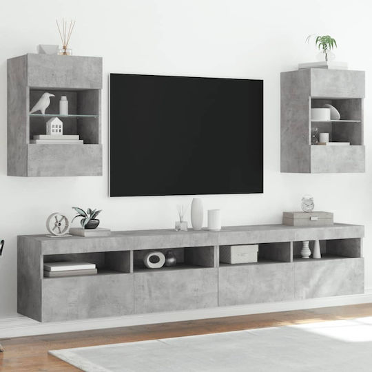 Vitrină de Perete pentru Sufragerie din Placă Aglomerată Gri cu Geam și Iluminare LED 40x30x60.5 cm