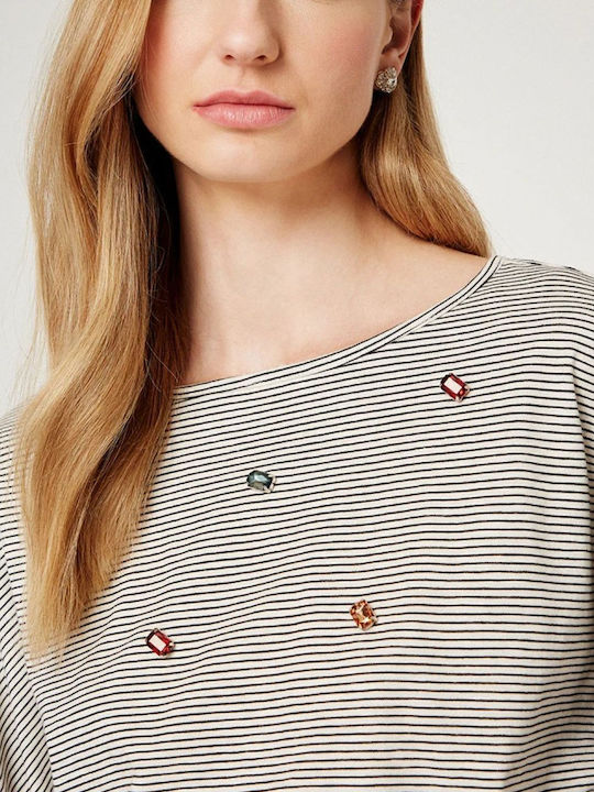Γυναικείο Crop Top Βαμβακερό Μακρυμάνικο Ριγέ Μπεζ