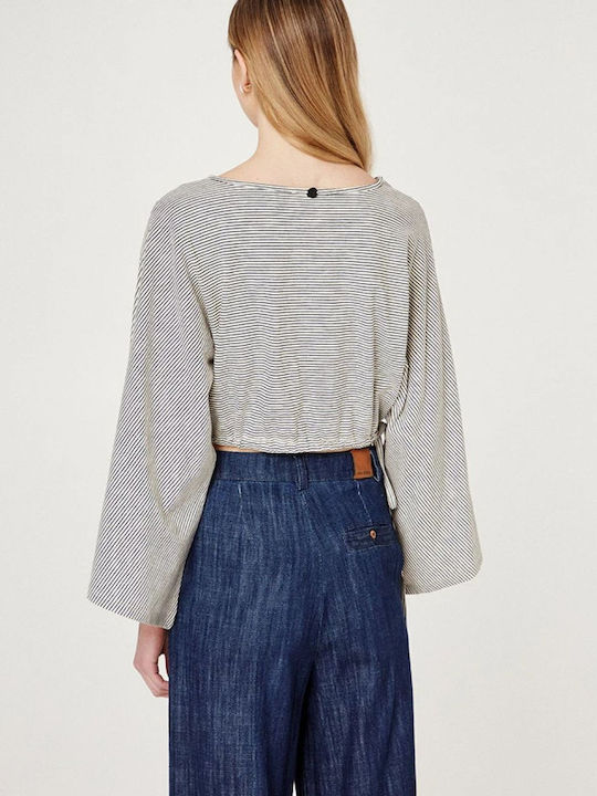 Γυναικείο Crop Top Βαμβακερό Μακρυμάνικο Ριγέ Μπεζ